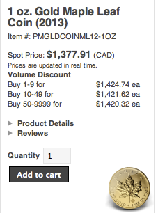 Spot Price plus premium on gold maple leaf coin